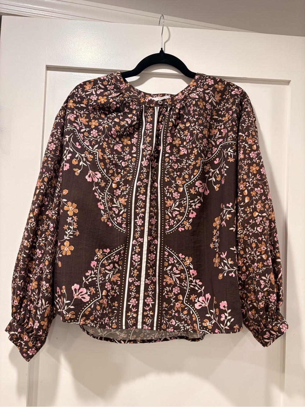 LOFT Brown Floral Button-Neck Blouse with Pink Accents